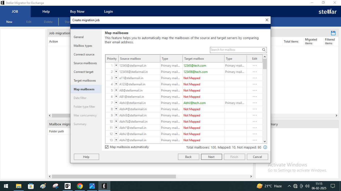 In the next step you will have to map the mailboxes on the source Exchange server to the mailboxes on Microsoft 365 tenant.